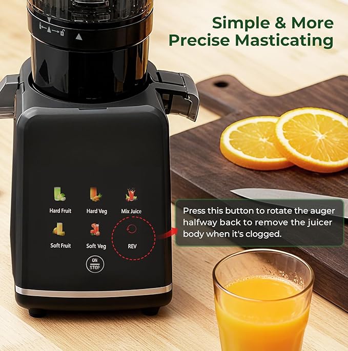 Cold Press Juicer Machine, 4.4" Wide Feed Chute, Slow Masticating Juicer for Whole Vegetables & Fruits, High Juice Yield, Easy to Clean & Assemble, One-touch Digital Color Control Panel