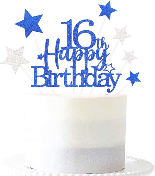 Glittery 16th Cake Topper with Star Boys and Girls 16th Birthday Party Supplies, Sixteen Years Old Birthday Party Decorations Royal Blue