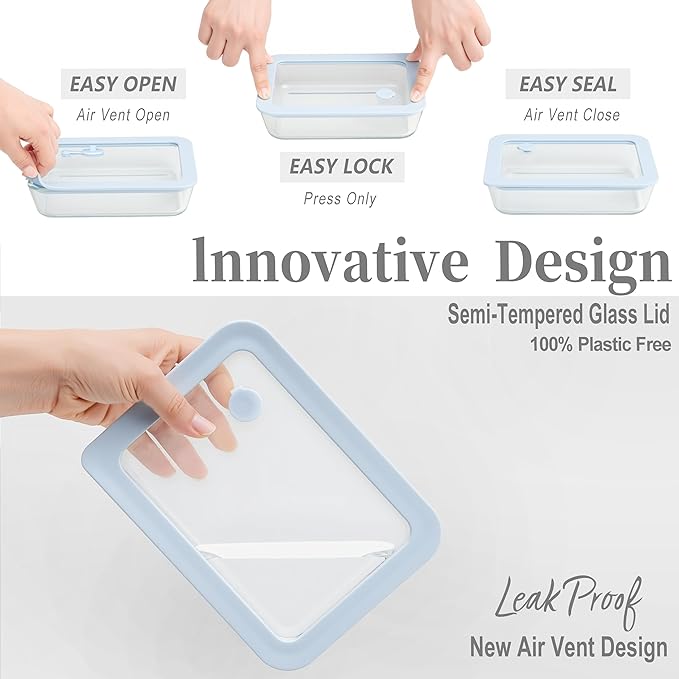 Urban Green Glass Food Container Set with Silicone Glass Lid, 3 Pack, Square Shape, Airtight, LeakProof, 100% Plastic Free, Meal Prep Food Storage Containers