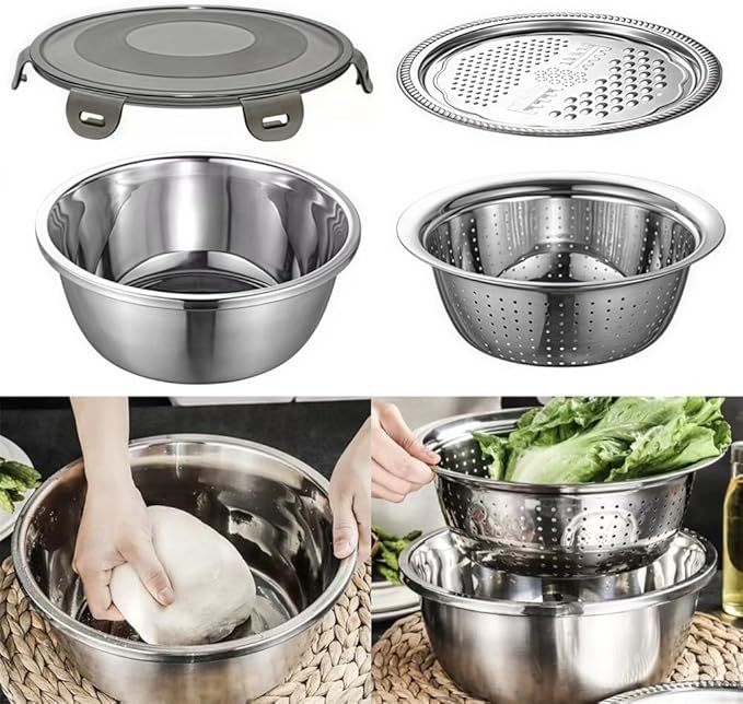 Integrated Grater and Lid on Stainless Steel Mixing Bowls 4 Pcs Kitchen Set