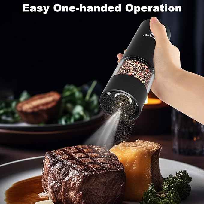 Electric Pepper or Salt Grinder, COKUNST USB Rechargeable Automatic Pepper Grinder with Visual Silo & LED Light, Black Pepper Grinder Mill Refillable Washable, One Hand Operated, Fits in Home Kitchen