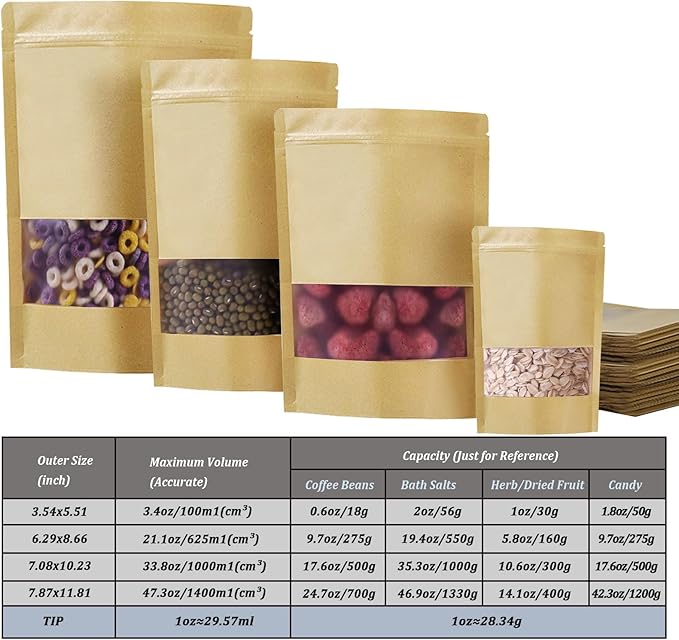 100 PCS Resealable Bags, Stand Up Kraft Paper Bags with Matte Window, Zipper Lock Food Storage Bags for Small Business and Home, 6.29 * 8.66 Inches Reusable Sealable Bags for Packaging