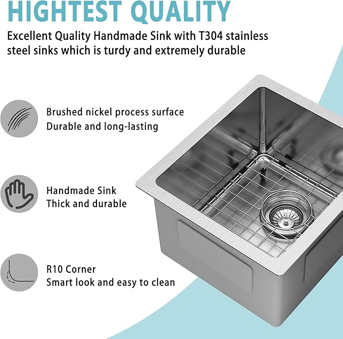 15x17 Inch Undermount Bar Sink, 18 Gauge 304 Stainless Steel Small Kitchen Sink for RV, Laundry, Office with Basket Strainer & Anti-Clog Grid