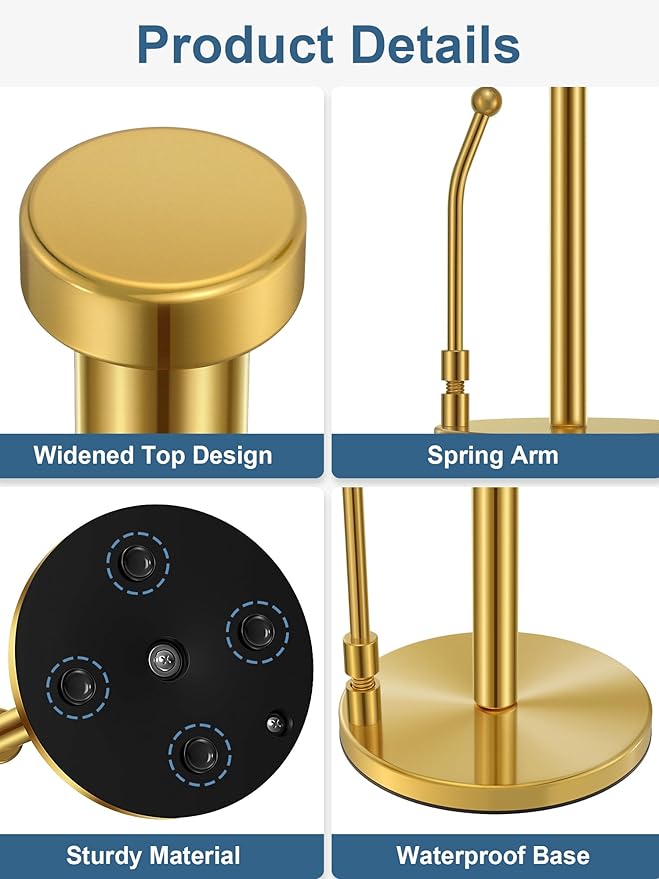 SMARTAKE Paper Towel Holder, Paper Towel Dispenser Standing Weighted Base Non Slip, Spring Arm Fit Most Size Paper Roll, Stainless Steel Kitchen Roll Stand for Home Kitchen Countertop Tabletop, Gold