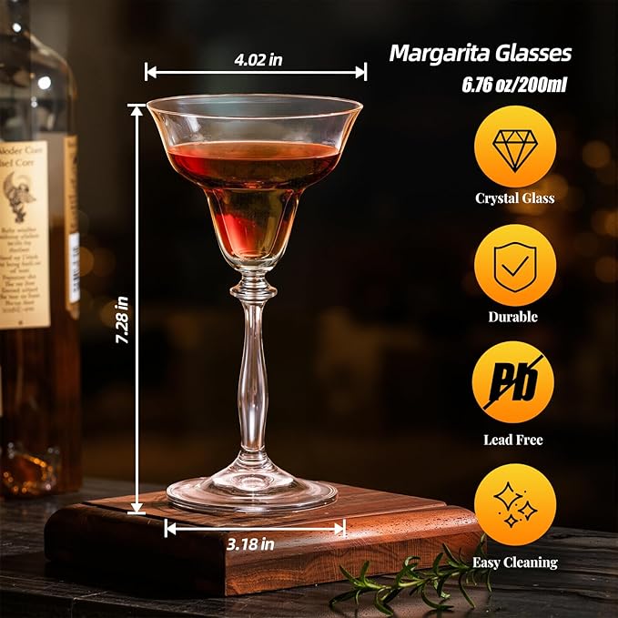 KAMMAK Margarita Glasses Set of 2, 6.7oz Crystal Coupe Glasses, Classic Cocktail Glassware for Espresso Martini, Manhattan, Modern Bar Drinkware for Party, Beach, Anniversary