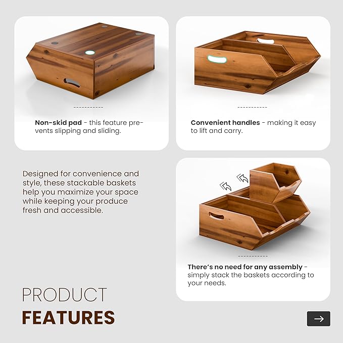 HOLANA Onion and Potato Storage Bins - Acacia Wood Pantry Baskets Organization and Storage - Wooden Stackable Baskets for Bread, Fruit, Vegetable - Onion Basket for Kitchen Counter (Patent Pending)