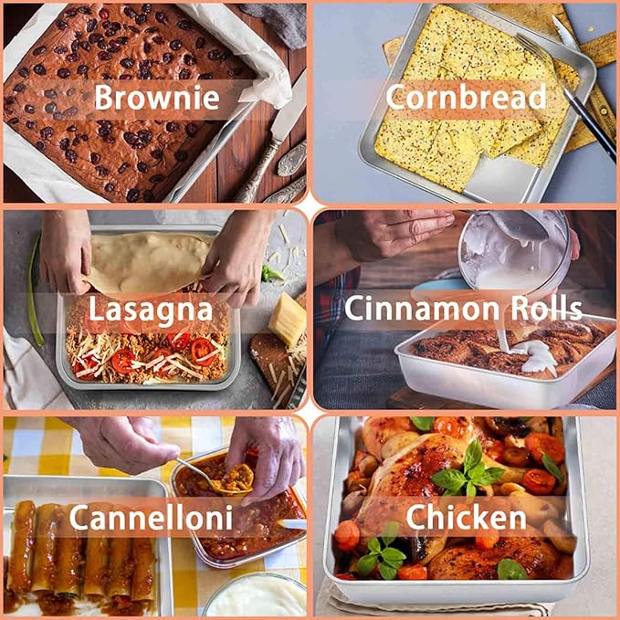 TeamFar Square Cake Pan with Lid (1 Pan & 1 Lid), 8 Inch Square Stainless Steel Baking Tray Cake Brownie Tin For Meal Prep Storage Transporting Food, Healthy & Sturdy, Dishwasher Safe