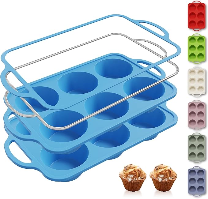 2 Packs 6 Cups Silicone Muffin Pan with Metal Reinforced Frame Jumbo Size Cupcake Pan Tray Egg Bites Silicone Molds Muffin Tin Tart Pans Bundt Pan Reposteria Accesorios Moldes Para Pasteles