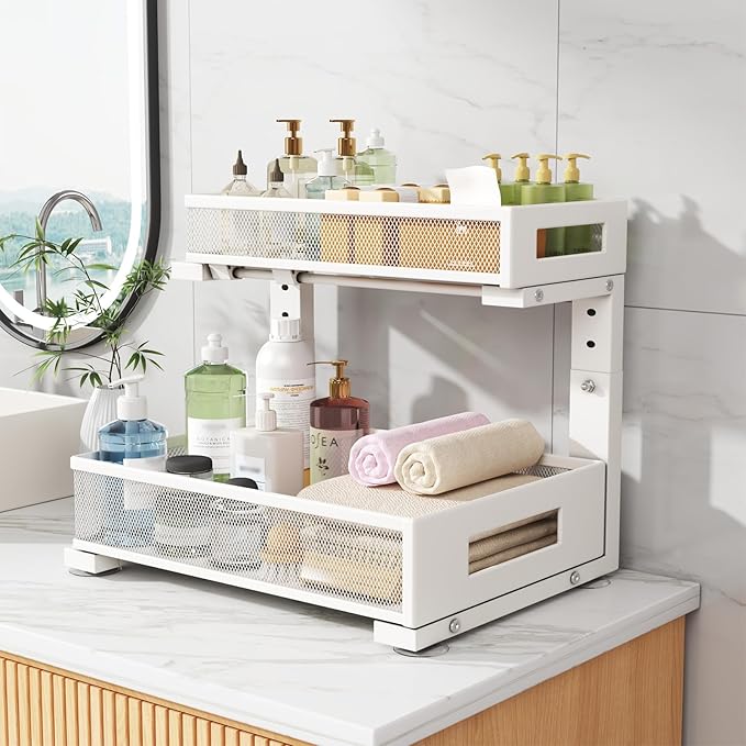 2-Pack Under Sink Storage Organizer, Large 2-Tier Elegant Mesh Pull Out Shelf for Kitchen and Bathroom Cabinet Organization, L-Shaped and Adjustable Height Design for Maximum Space Efficiency-White