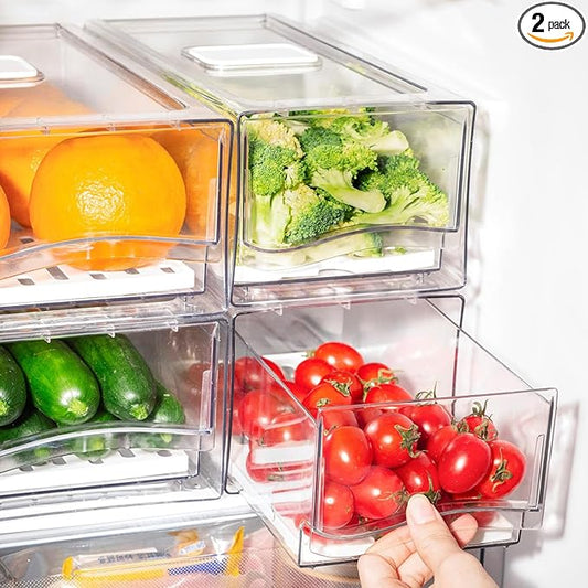 Refrigerator Drawers Pack of 2 With Pull Out Stackable Fridge Organizer Bins, Clear Cabinet Organizers for Kitchen Pantry Food Containers Produce Storage (2 Drawer,Medium)