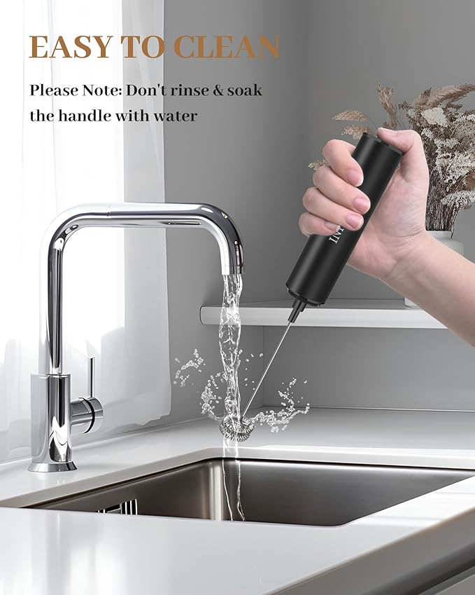 Milk Frother Rechargeable with Cover - Coffee Frother Wand, Drink Mixer Handheld with 2 Detachable Stainless Whisks 2 Speed Adjustable for Latte, Cappuccino, Hot Chocolate, Egg, Black