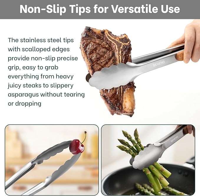 Beneno 12-Inch Stainless Steel Kitchen Tongs for Cooking with Heat-Insulating Wooden Grip Handle, Heavy Duty Heat-Resistant Metal Locking Tongs with Strong Scalloped Tips for Cooking, BBQ, Grab Food