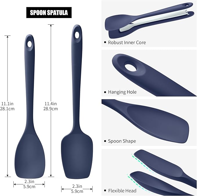 Doosu Silicone Spoon Spatula Set of 2, 600ºF Heat-Resistant Food Grade Rubber Spoonula with Seamless Design, Non-Stick Dishwasher Safe Kitchen Utensils for Cooking Baking Mixing Scraping (Navy Blue)