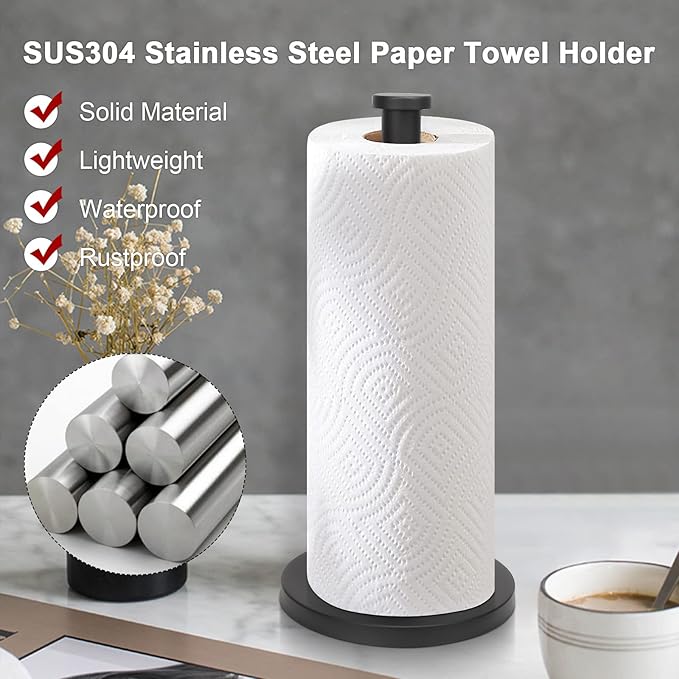 NearMoon Standing Paper Towel Holder, Kitchen Paper Towel Tissue Holder- for Bathroom Countertop, Standard or Jumbo-Sized Roll Paper (with Stainless Steel Base, Matte Black)