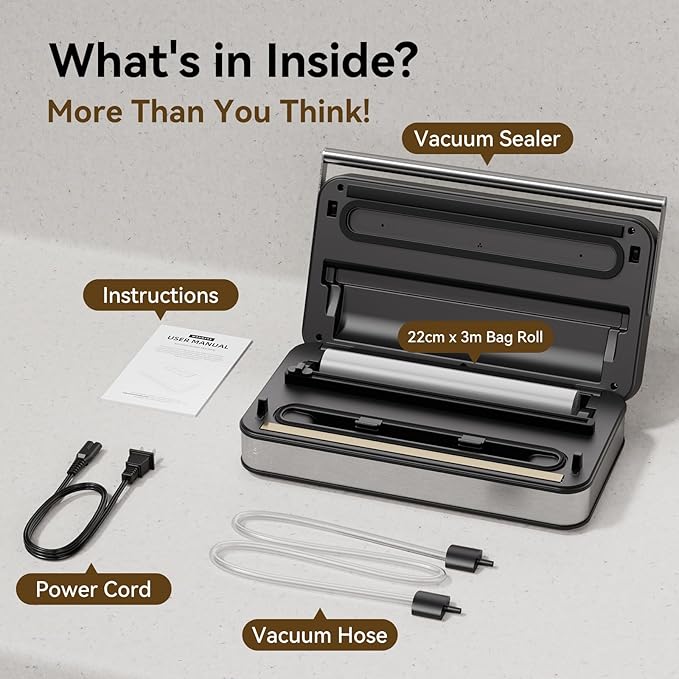 95Kpa Powerful Vacuum Sealer for Food, 10-in-1 Vacuum Sealer Machine with Easy Handle, Built-in Cutter and Roll Storage, Digital Countdown Display & Premium Stainless Steel for Long-Lasting Freshness