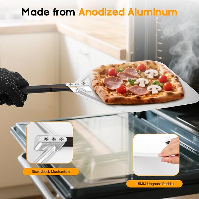 Pizza Peel 12 Inch, Pizza Spatula with Oven Gloves, Detachable Handle, Pizza Paddle for Indoor & Outdoor, Pizza Oven Accessories