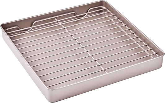 Roasting Pan with Rack, 11-Inch Non-Stick Square Shallow Dish Sheet Pan with Wire Rack for Oven Baking, BBQ and Roasting 11.2" x 11.2" x 1.3" (Champagne Gold)