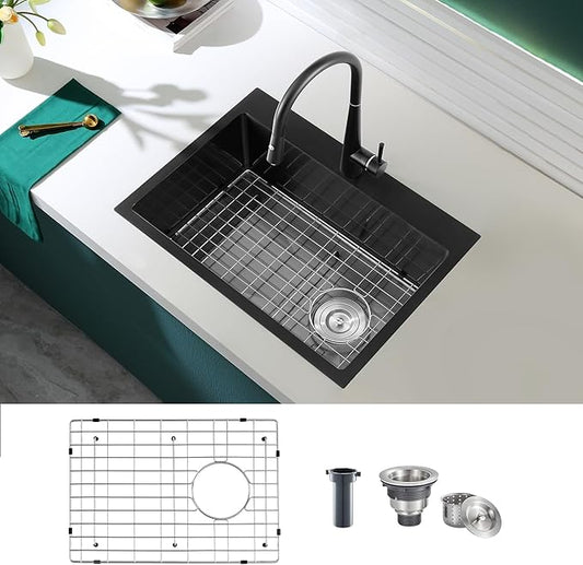 24 inch Drop-in Black Kitchen Sink Single Bowl, Topmount Kitchen Sink with Protective Bottom Grid, Overmount 304 Stainless Steel Kitchen Bar Sink Handmade with Basket Strainer, 24×18×9 inch