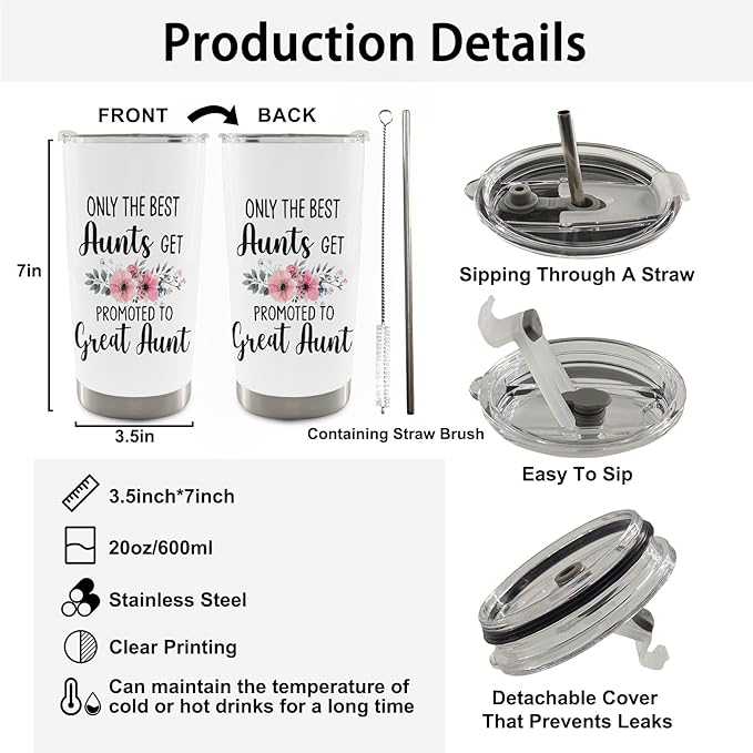 QASHWEY Great Aunt Gifts Coffee Tumbler 20 oz, BestAunt Travel Tumbler Coffee Mug Gifts for GreatAunt, AuntGifts from Niece Nephew,Promoted to Great Aunt Stainless Steel Tumblers with Straw and Lid