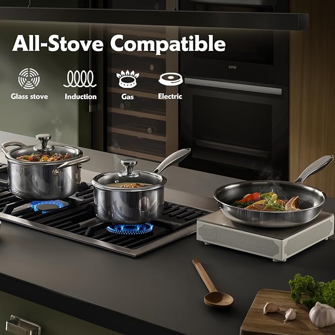 Non Stick Pots and Pan Set, 10 Pcs Hybrid Stainless Steel Cookware Set with Lids, Kitchen Skillet, Stock Pot, Nonstick Frying Pan, Kitchen Cooking Utensils, Induction, Dishwasher Safe