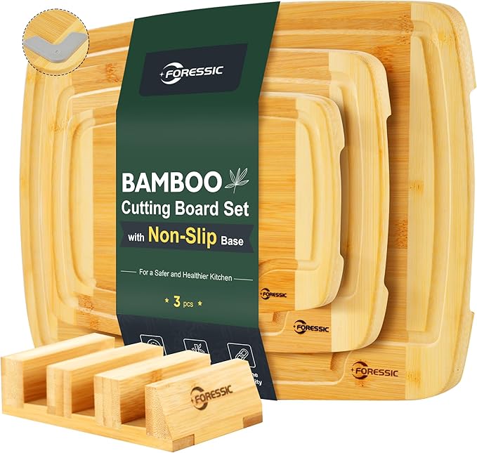 Bamboo Cutting Board Set 3 Packs with Non Slip Feet Holder and Over Sink Nice Solid Thick Durable Wood Cutting Boards for Kitchen Extra Large Big Small Vegetables and Fruits Kitchen Gifts