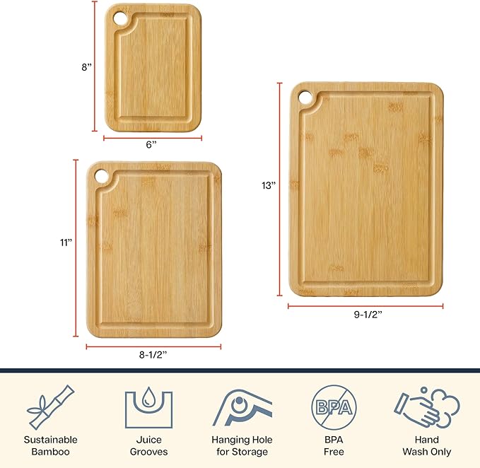 Totally Bamboo 3-Piece Cutting Board Set — Kitchen Chopping Boards with Juice Grooves, Premium Bamboo Cutting Boards for Meat, Vegetables and Cheese