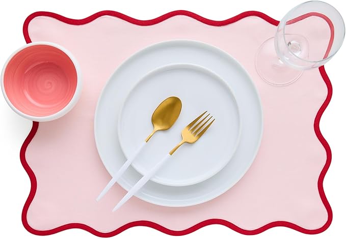 Solino Home Scallop Cloth Placemats Set of 4-100% Pure Linen Red and Pink Placemats 14 x 19 Inch - Giselle Scallop Edge, Handcrafted and Machine Washable