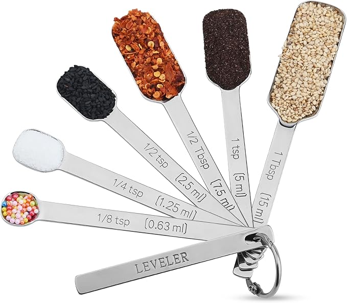6-Piece Measuring Spoons Set, Stainless Steel, Long Handle, Nesting, 1/8 Teaspoon to 1/4 Cup