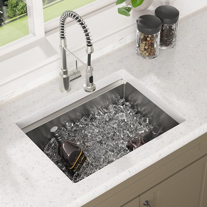 Lordear 25 Inch Undermount Kitchen Sink Workstation 25x19x10 16 Gauge Stainless Steel Single Bowl Round Corner Kitchen Sinks
