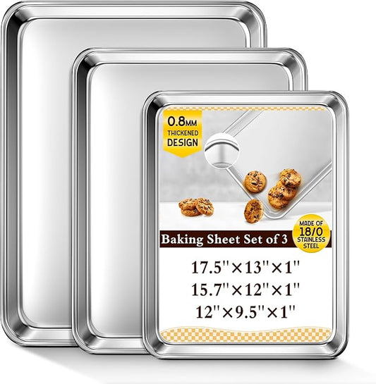 Baking Sheet Set of 3, Commercial Grade Stainless Steel Cookie Sheets for Baking, 12/16/17.5 Inch, Thicker and Firmer Baking Pans Set, Rust & Warp Resistant & Nonstick, Nontoxic&Heavy Duty&Easy Clean