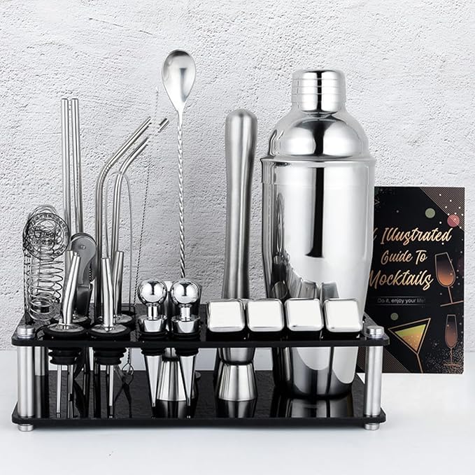 Cocktail Shaker Set, 25-Piece Stainless Steel Bartender Kit with Acrylic Stand & Cocktail Recipes Booklet, Professional Bar Tools for Drink Mixing, Home, Bar, Party (Include 4 Whiskey Stones)