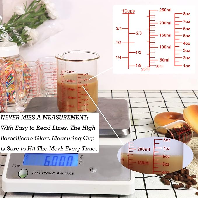 Ackers High Borosilicate Glass Measuring Cup Set with Pour Spout,60ml(2OZ),120ml(4OZ), 250ml(8OZ) Glass Measuring Beaker for Kitchen or Restaurant, Easy to Read