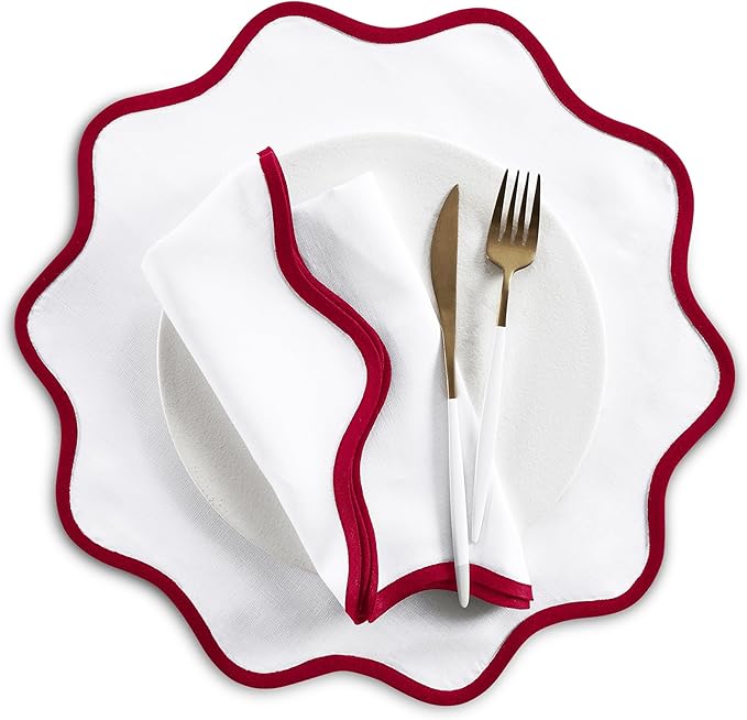 Solino Home Linen Scallop Cloth Placemats Set of 4-100% Pure Linen Red and White Round Placemats 16 Inch - Giselle Scallop Edge, Handcrafted and Machine Washable - Christmas