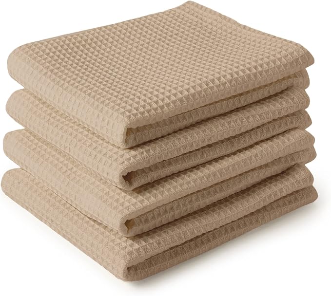 Encasa XO Kitchen Dish Towels Set | Beige | Waffle Weave and Flat Hand Tea Towel | 28"x18" | Quick Drying Reusable Cotton Washcloths | Multipurpose Lightweight Dishcloths Set of 4