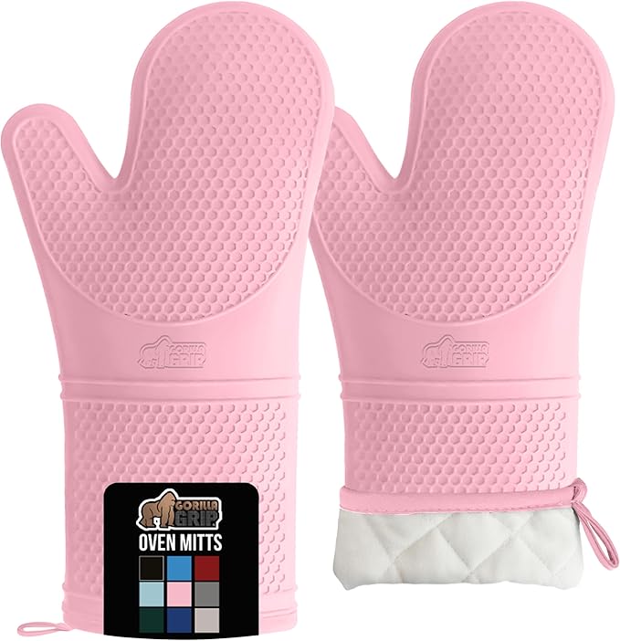 GORILLA GRIP BPA-Free Soft Silicone Oven Mitts, 14.5x8.3, Heat Resistant and Waterproof Cooking Gloves, Thick Cotton Lining, Flexible Gripping for Baking Grilling, Kitchen Potholders Set of 2, Pink