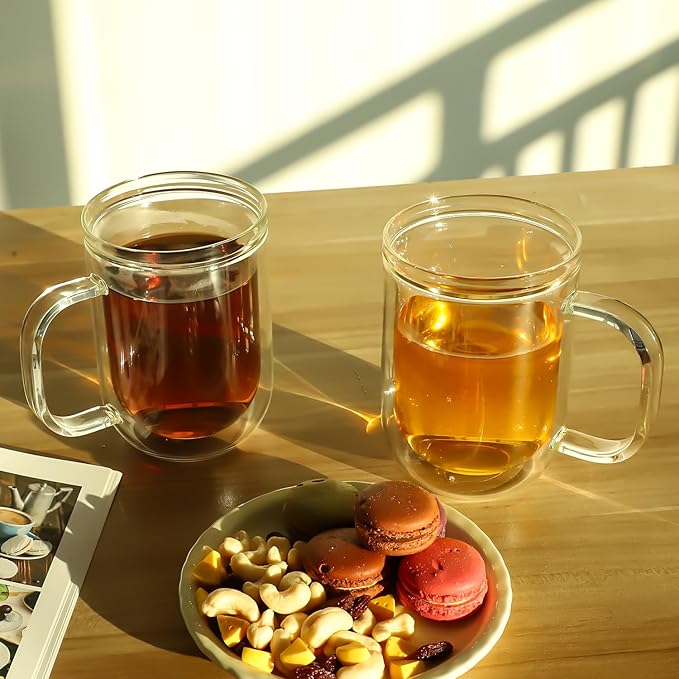 Aquach 16 Oz Double Walled Glass Coffee Mugs, Clear Glass Coffee Tea Cups, Microwave and Dishwasher Safe Home Office Insulated Glass Cups Perfect for Americano Latte Hot&Cold Beverages, 2-Pack