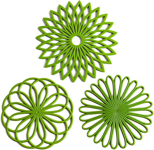 Set of 3 Silicone Trivet Mat - Hot Pot Holder Hot Pads for Table & Countertop - Trivet for Hot Dishes - Non-Slip & Heat Resistant Modern Kitchen Hot Pads for Pots & Pans, Dark Green