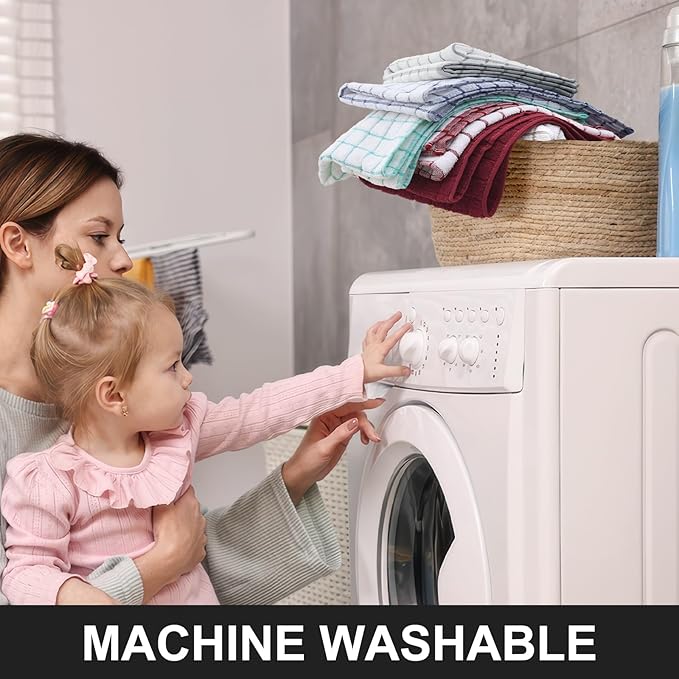 Homaxy Premium Cotton Kitchen Towels 16"x 28", Large Natural Ring Spun 390 GSM Dish Towels, Super Absorbent Terry Kitchen Hand Towels, Soft Tea Towel with Hanging Loop, Black Check Design, 8 Pack