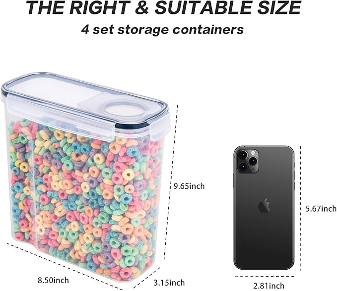 Cereal Containers Storage Set - 3 Piece Airtight Large Dry Cereal Container (135.2oz), BPA Free Dispenser Plastic Cereal Storage Containers with 16 Labels & Pen