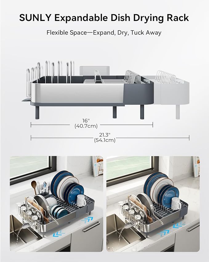 SUNLY Expandable Dish Drying Rack, Versatile Brackets for Pots & Pans, Space Saving Kitchen Drying Rack, Dish Racks for Kitchen Counter, Stainless Steel Dish Drainers with Extendable Spout, Gray
