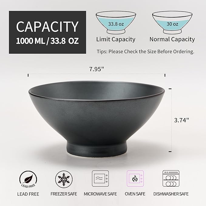 Ceramic Japanese Ramen Bowl Set, 8 Inch Large Noodle Bowl Set of 2, Dishwasher Safe for Asian Pho Udon Soba Noodle, Salad Pasta, Deep Soup Bowls, Black Reactive Metallic Color