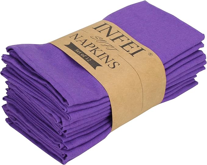 Solid Color Linen Blended Thin Dinner Cloth Napkins - Set of 12 (40 x 40 cm) - for Events & Home Use (Purple)