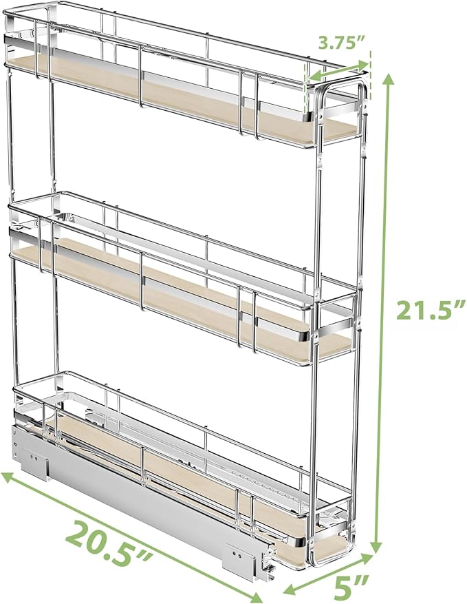 ROOMTEC 3-Tier Pull Out Cabinet Organizer Spice Rack for Narrow Cabinet 5" W x 20½" D, Slide Out Wood Shelves Storage for Kitchen