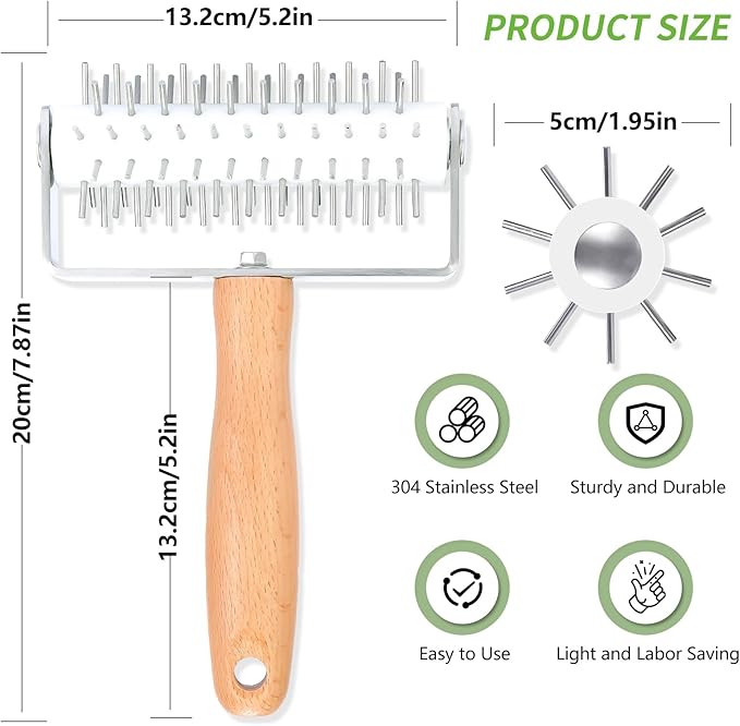 Pizza Dough Docker, Professional Dough Roller with Wooden Handle, Sturdy Pizza Docking Tool that Prevents Dough from Blistering, Time-Saver for Making Pizza Cookie Pie Pastry