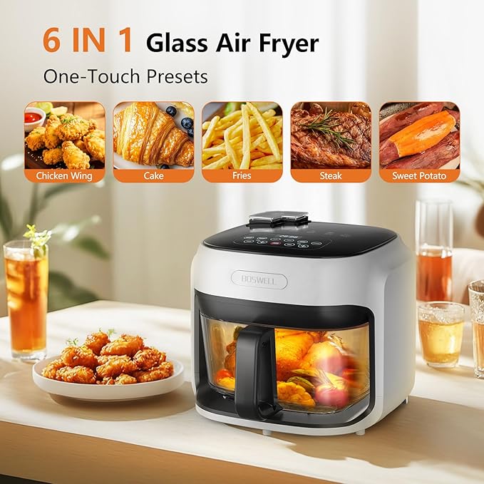 BOSWELL Steam Glass Air Fryer, 7.5QT Borosilicate Bowl with Circulating Heat, Digital Touchscreen, 400°F Max Temp, Oil-Free Fryer with Mist Function, Dishwasher Safe (White)