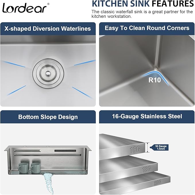 Lordear 31 Drop Kitchen Sink with Faucet Combo - 31"x20" Waterfall Kitchen Sink Workstation Stainless Steel 16 Gauge Single Bowl Topmount Handmade Sinks with Pull Out Faucet