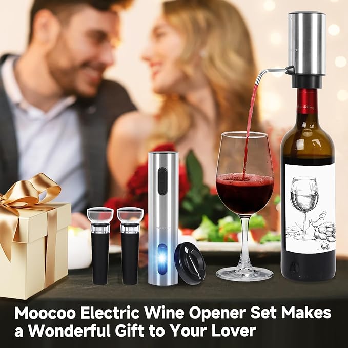 Electric Wine Opener Gift Set, Automatic Electric Wine Bottle Corkscrew Opener Rechargeable with Foil Cutter, Automatic Aerator, 2 Vacuum Stoppers for Home Bar Outdoor Parties, Stainless Steel