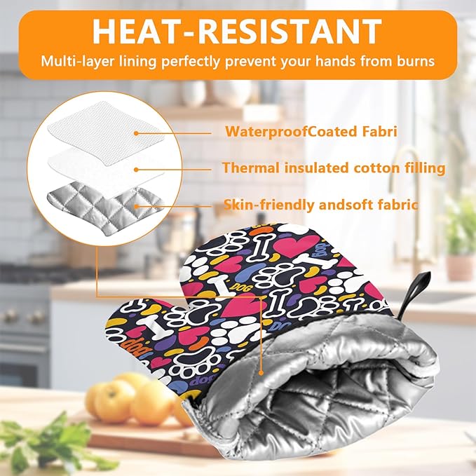 Paw Prints Oven Mitts and Pot Holders Sets 4Pcs,Extra Long Oven Gloves Potholder for Kitchen Cooking Baking BBQ 100% Cotton Heat Resistant