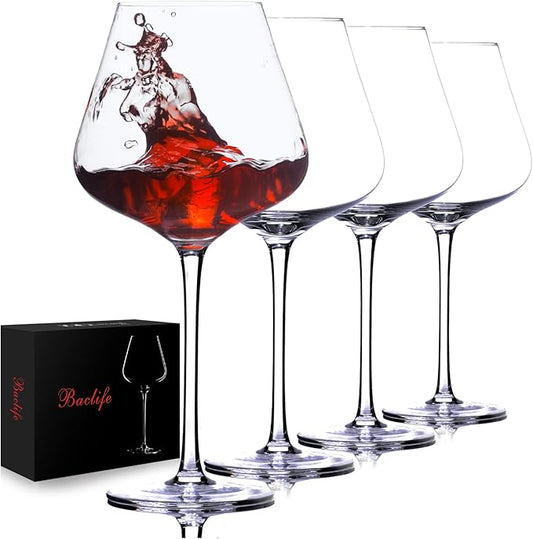 BACLIFE Hand Blown Red Wine Glasses Set of 4 – 23 oz Burgundy Wine Glasses With Long Stem – Large Premium Crystal Wine Glass – Unique Gift for Wedding, Anniversary, Mother’s Day – Clear