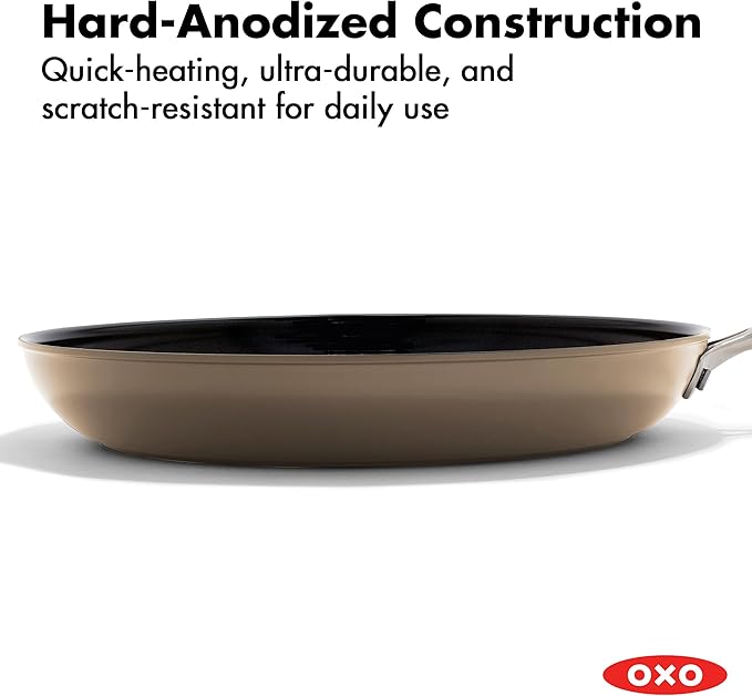 OXO Enhanced 12” Nonstick Frying Pan Skillet with Lid, Ceramic PFAS-Free Cookware, Stainless Steel Handle, Eggs & Omelets, Dishwasher & Oven Safe, Biscuit Brown
